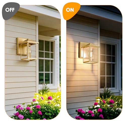 Image of Outdoor Wall Light Fixture, Exterior Waterproof Porch Lighting | Gold Patio Wall Lantern, Anti-Rust, Clear Glass, E26 Socket, Wall Mount Sconce Lighting, Outside Front Door Light Entryway