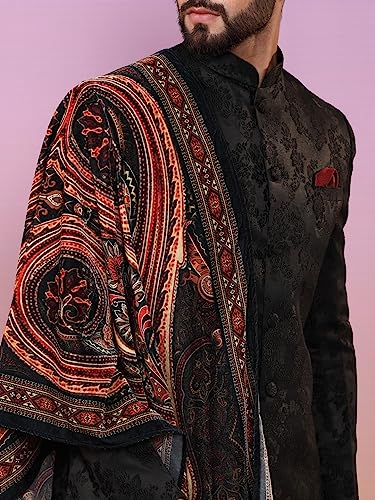Image of KISAH Indowestern Men's Casual Style Ethnic Wear Silk Blend Woven Design Regular Fit Black Indo-Western Sherwani Set Indo-Western