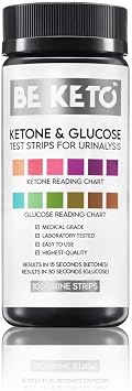 BeKeto Ketone and Glucose Test Strips 100 Strips Urine Tester Keto Diet Weight Loss Analysis Suitable for Ketogenic, Paleo, Low Carbs, Diabetics & Atkins - Testing Strips
