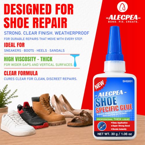 Image of ALECPEA Shoe Glue for Sole Repair, Thick Clear Adhesive, 30g with 3 Tips