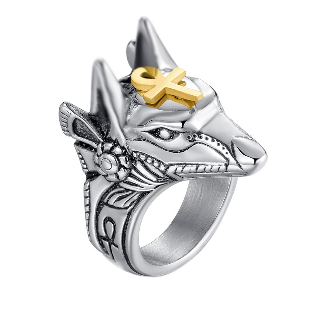 HIJONES Men's Stainless Steel God Anubis Ankh Cross Ring