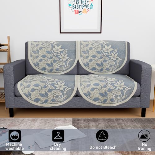 Image of Kuber Industries 2 Seater Cotton Sofa Cover /Slip Cover | Set of 4 Pieces | Removable & Washable Sofa Set Cover for Living Room -Floral Blue
