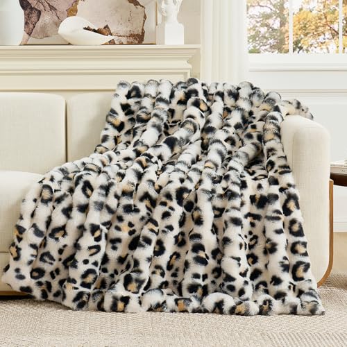 Cozy Bliss Leopard Print Faux Fur Throw Blanket for Couch Fuzzy Soft Plush Thick Bubble Cheetah Blanket for Sofa Bedroom Living Room 50x60 Inches