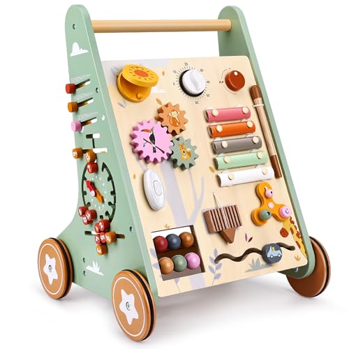 Highbird Carrello Primi Passi in Legno Per Bambini, Girello Giocattolo Montessori, Girello in Legno con Ruote in Gommate Per Ragazze e Ragazzi da 1 Anno