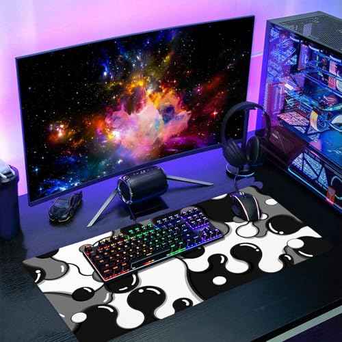 Image of Black White Grey Mouse Pad XL Large Anime Cool Geometric Japanese Extended Desk Mat 60x35 CM Non-Slip Rubber Base Stitched Edge Large Mousepad for Desk Gaming Laptop Desktop,24x14 Inch