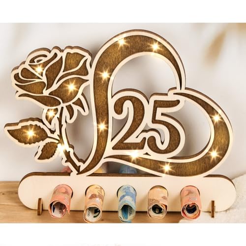Geldgeschenk Hochzeit 25 Silberne Hochzeit Geschenke zur Geldgeschenke Holz Deko mit Rose Romantisches Hochzeitstag für Geschenke Hochzeiten Partys Jubiläum Paare (25)