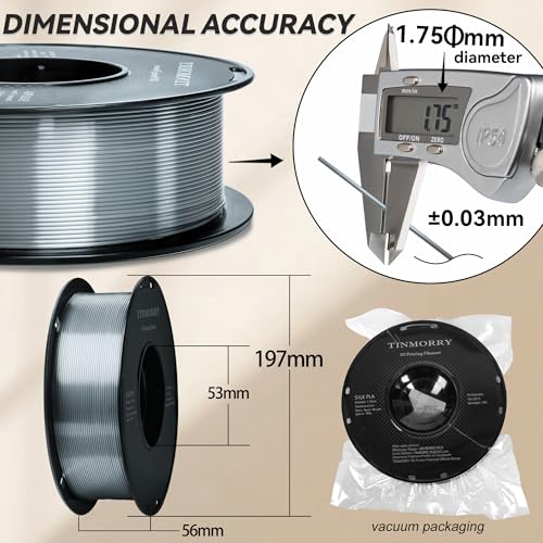 Image of PLA Filament 1.75mm, TINMORRY 3D Printer Filament, 1kg (2.2lbs), Compatible with Bambu FDM 3D Printer, Silk Silver