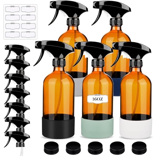 5 Pack/16 Oz Glass Spray Bottles, Refillable Empty Containers with Silicone Sleeve, Upgraded Adjustable Nozzle Spray Bottle Sets for Cleaning, Essential Oils, Hair (Amber)