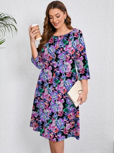 Image of AusLook Women's Plus Midi Dresses Crew Neck A Line 3 /4 Sleeves Casual Elegant Loose Wedding Vacation Dress with Pockets