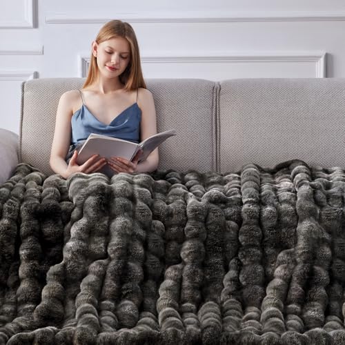 Faux Fur Throw Blanket, 1000GSM Fluffy Soft Bubble Blanket for Couch Bed, Cozy Plush Warm and Thick Rabbit Blanket for Living Room Bedroom 60''*80'' Tie-dye Grey
