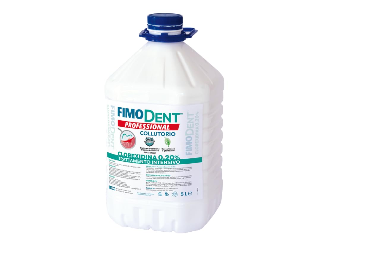 Fimodent Mundspülung - Chlorhexidin 0,20% mit SPDD (Schutzsystem Dental Dyscromie) und angenehmem Minzgeschmack - Langzeitbehandlung gegen Plaque und antibakterielle Behandlung - 5000 ml mit Spender.