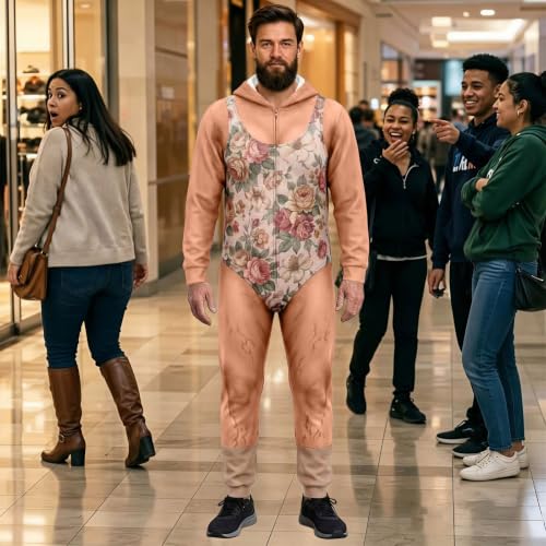 Men Christmas Onesie Funny 3D Realistic Fake Body Print Zip Up Jumpsuit - image 5