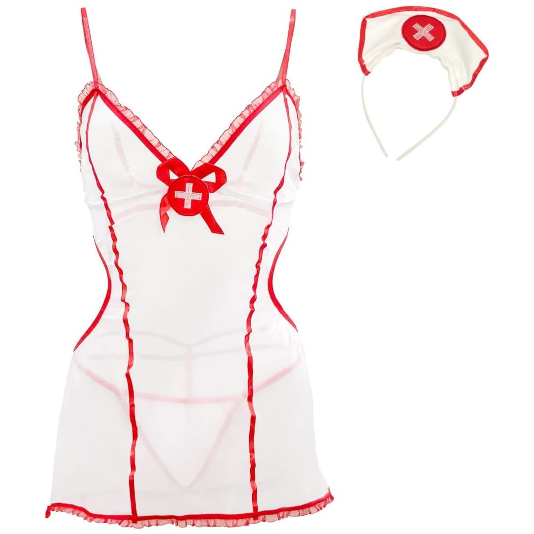 Sexy outfit Seksowny komplet bielizny niegrzeczna pielęgniarka przebranie na karnawał fantazyjna siatkowa sukienka Plus rozmiar Babydoll strój do odgrywania ról przezroczysta bielizna nocna z