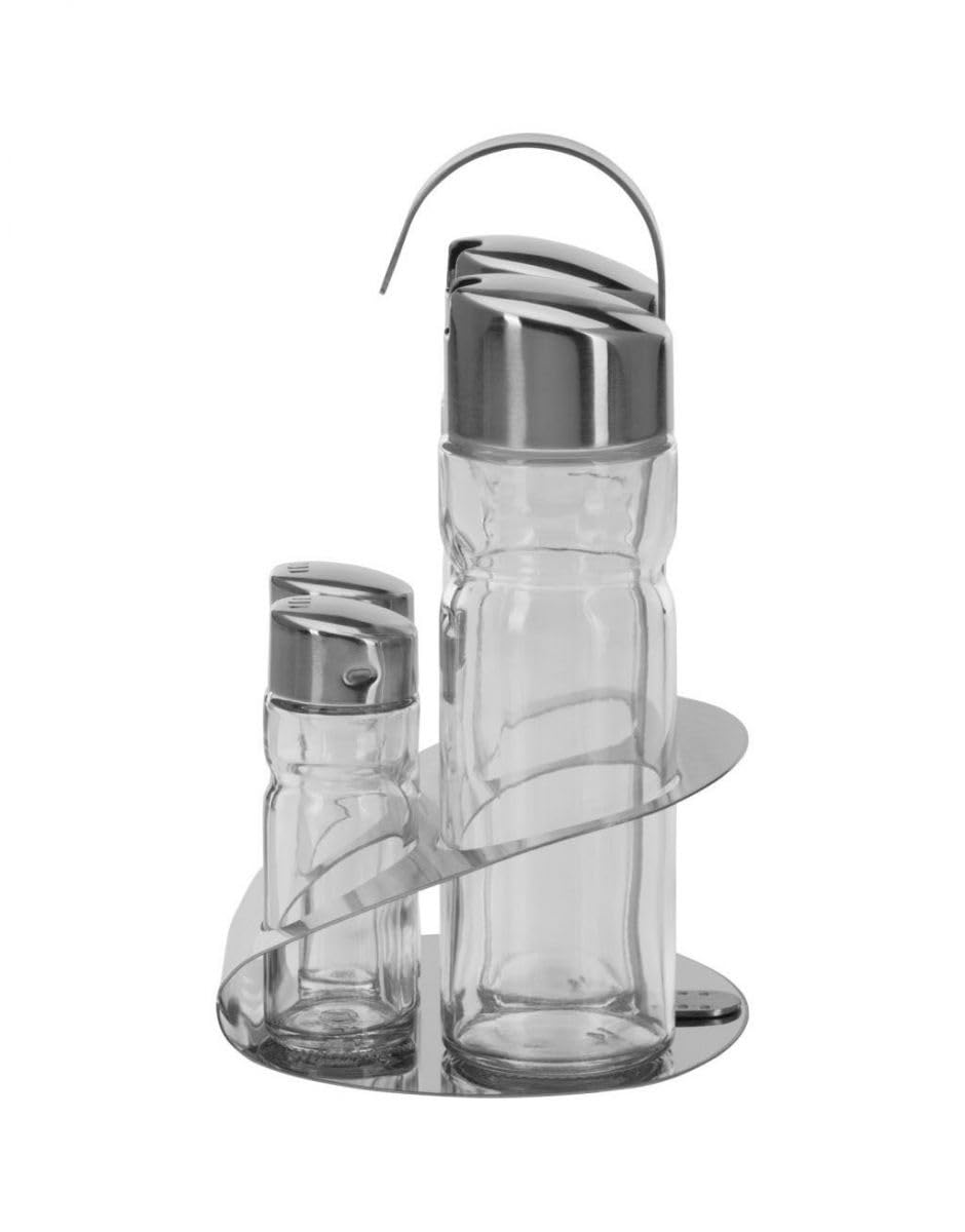 MGE - Set Olio e Aceto con Sale e Pepe - 4 Pezzi con Supporto in Acciaio Inox - Bottiglie in Vetro Ricaricabili Antigoccia - Elegante per Cucina e Tavola
