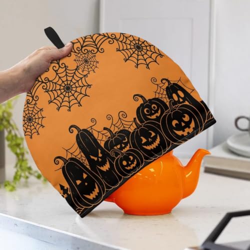 Image of Hudotybom Spider Web Tea Cozy for Teapots Halloween Pumpkin Lantern Tea Cozy Teapot Protector Insulated Teapot Covers Keep Warm