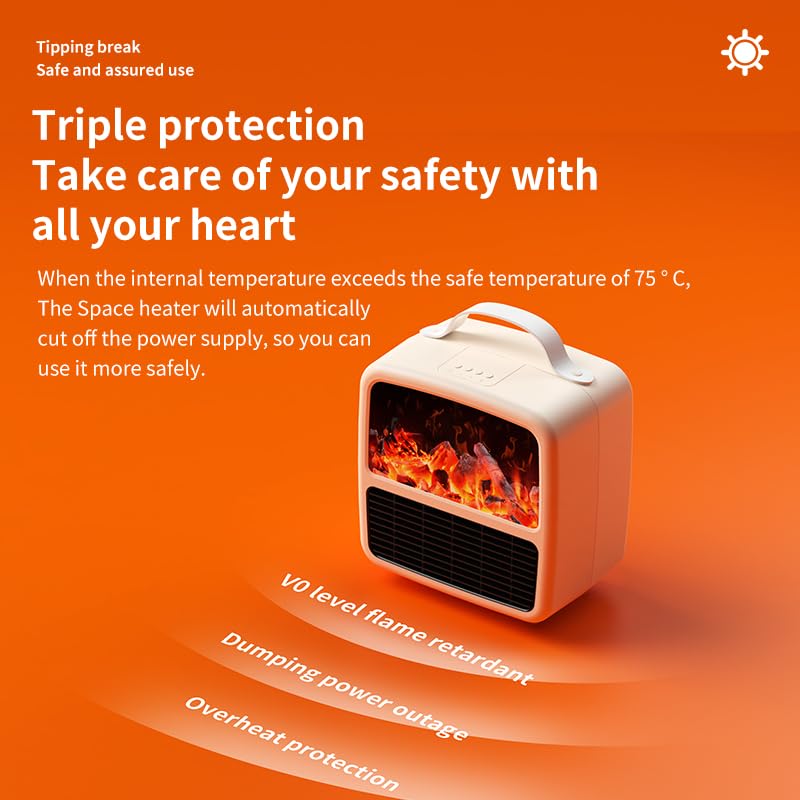 Mini calentador eléctrico con llamas 3D, calentador de chimenea portátil y silencioso para dormitorio, baño, oficina y habitaciones pequeñas, calefacción de cerámica PTC, interruptor de 2