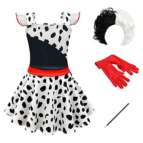 Kids Girls Halloween Costume Dalmatian Dog Dress Toddler Baby Carnival Cosplay Fancy Dress Up Party Birthday Photography Role Play Gown +Wig +Gloves +The Pole 5PCS Outfit Set White-ruffle 2-3 Years