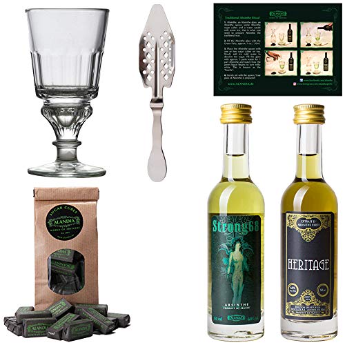 Absinth Starter Set von ALANDIA | Komplett mit original Absinthes (2x 50 ml) | 1x Reservoir Glas | 1x Edelstahl Löffel | 1x Zucker