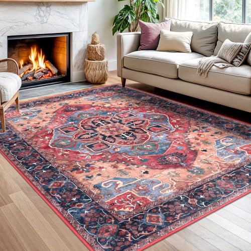 SIILOOM 5x7 Area Rug for Bedroom, Red Large Vintage Floor