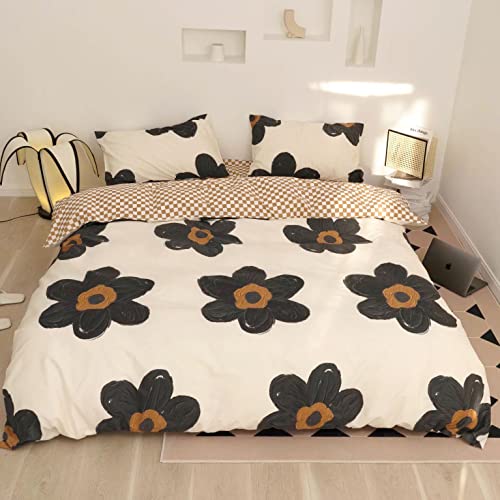Image of KAREVER Black Floral Comforter Set Black Botanical Bedding King Women Chic Blankets Lightweight Black Sunflower Reversible Bed Comforter Set King Size