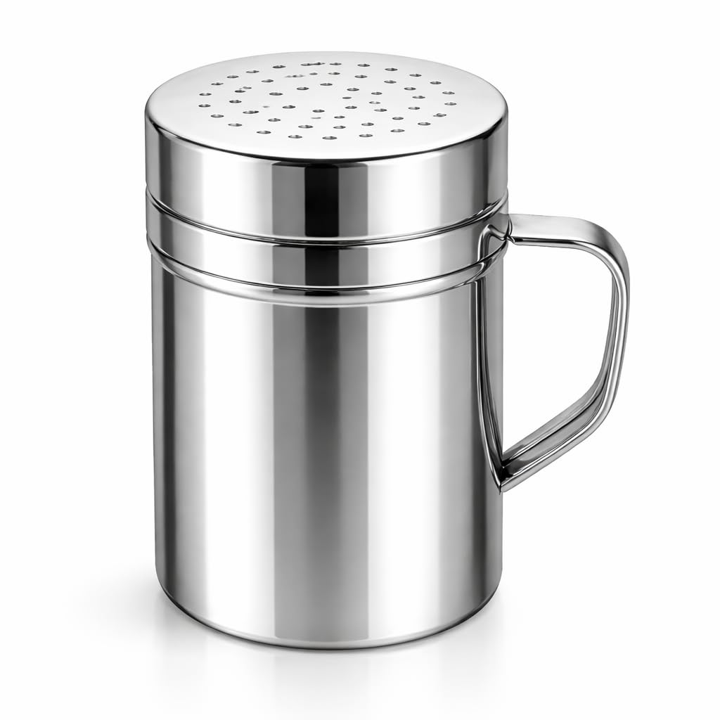 Flour Sugar Salt Shaker, 10oz Stainless Steel Sugar Shaker, Cocoa Shaker, Flour Duster, Icing Sugar Dispenser with Handle for Kitchen, Baking, Cooking, and Coffee Durable and Easy to Use