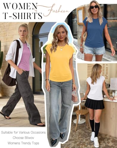 Image of Bliwov Womens Summer Tops Cap Sleeve Crew Neck Casual T Shirts