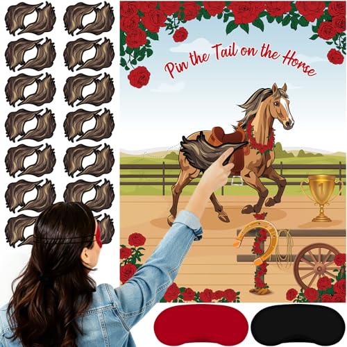 Civaner 33 Pcs Derby Decorations Pin the Tail on the Horse Game Kit with 1 Poster 30 Horse Tails & 2 Polyester Eye Masks Party Games for Derby Western Cowboy Party Supplies