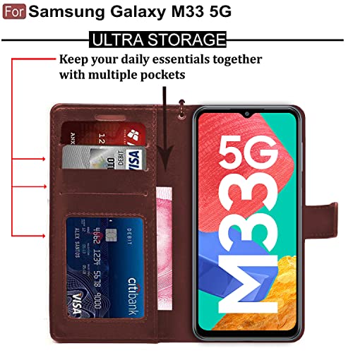 Image of CEDO Flip Cover for Samsung Galaxy M33 (5G) | Leather Finish | Inside Pockets & Inbuilt Stand | Shockproof Wallet Style Magnetic Closure Back Case Flipcover (Brown)