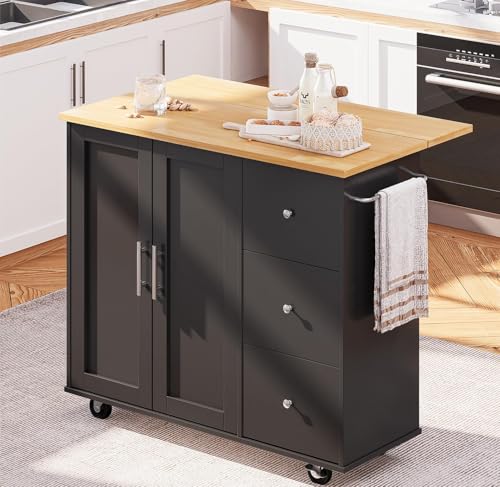 Image of SUNLEI Kitchen Island on Wheels with Storage Cabinet & Foldable Drop Leaf, Rolling Kitchen Table, Cart Handle for Towel Rack, Drop Leaf, Portable Islands for Kitchen (Classic Black, 39.7-INCH)