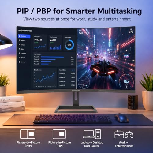 Image of Deco Gear 34 Inch Curved Gaming Monitor, 180Hz UWQHD 3440x1440 21:9 VA Display, 1ms MPRT, Adaptive Sync, 1500R, HDR Ready, 100% sRGB, Dual HDMI, DisplayPort 1.4, VESA Mount, Office & Workspace Setup