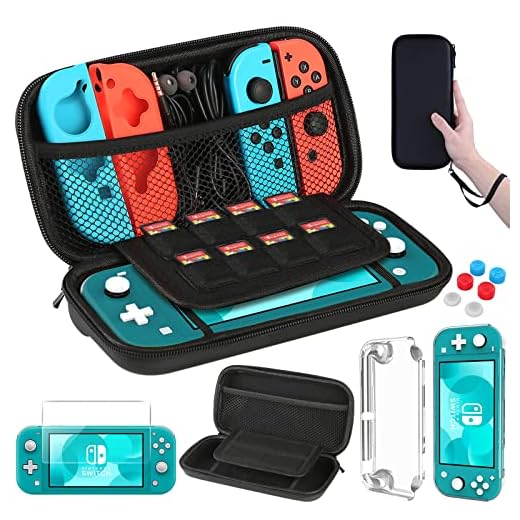 HEYSTOP Kompatible Nintendo Switch Lite Tragetasche, Mini Switch Lite Schutzhülle,Displayschutzfolie aus gehärtetem Glas,Spielekarte,6 Daumengriffkappen für das Nintendo Switch Lite Zubehörkit