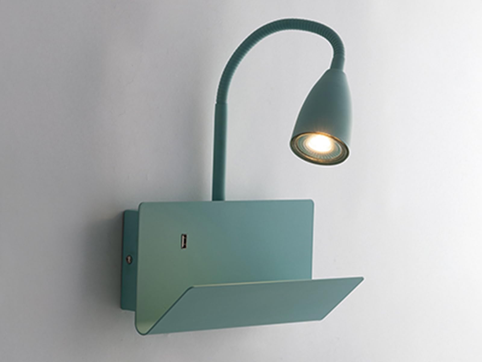 Flexible USB LED Leselampe in Grün - multifunktionale Wandleuchte mit Schalter, Ablage & Ladefunktion