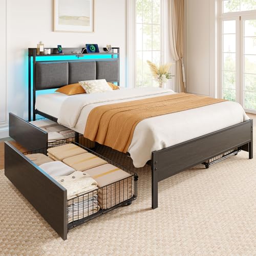Image of Rolanstar Bed Frame Twin Size with Charging Station and LED Lights, Upholstered Storage Headboard with Drawers, Heavy Duty Metal Slats, No Box Spring Needed, Noise Free, Easy Assembly, Dark Grey