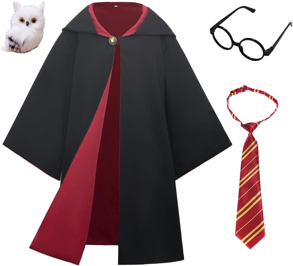 Kids Wizard Costume Boys Girls Halloween Costume Magical Wizard Robe Hooded Cosplay Party Cloak with Accessories