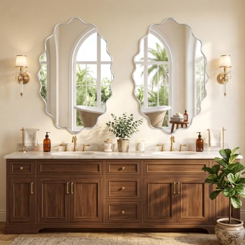 Image of Silver Oval Wall Mirror, 22 inch x 30 inch Wavy Bathroom Mirror for Wall with Brushed Alloy Steel Frame&Shatter-Proof Glass, Hanging Decorative Wall Mirrors for Bathroom Sink, Bedroom, Entryway