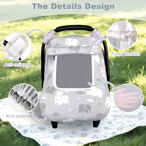 Image of Windproof Baby Car Seat Cover, 3D Mink Dot Infant Car Seat Canopy with Breathable Mesh Window, Baby Carrier for All Seasons, Easy Access Carseat Covers Snug Fit Infant Stroller(Elephant)