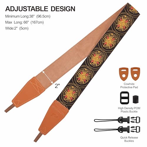 Image of Padwa Lifestyle Yellow Sun God Camera Strap - 2 inch Full Grain Leather Ends Camera Straps for Photographers, Vintage Embroidered Cotton Soft Suede Fabric Padded Strap Quick Release fits All Cameras