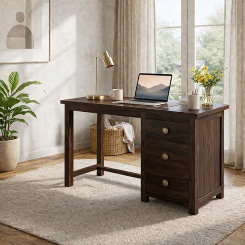 Image of Solid Sheesham Wood Study Table with 3 Drawers & - Dark Walnut Finish Writing Desk for Home Office, Bedroom & Study Room, Durable Wooden Computer Desk with Storage