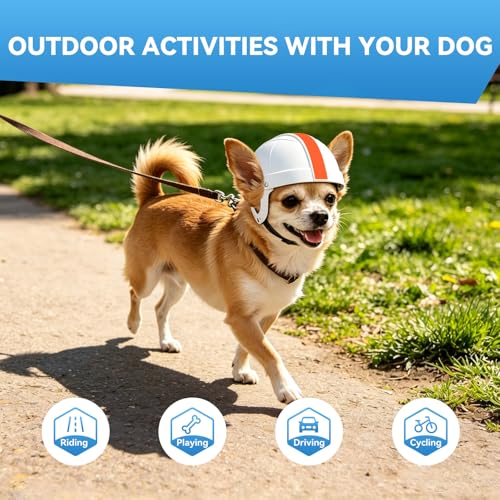 Namsan Dog Helmet Small Breed, Pet Helmets for Extra-Small Dogs Cats, Tiny Dog Hard Helmet with Ear Holes, Puppy Helmets for Outdoor Motorcycle Bike Travel Walking, Adjustable, White/Orange — view 3