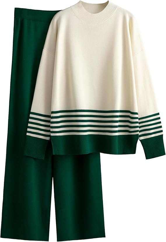 Image of Kvetoo Women Winter Coord Set Wool Blend Tracksuit High Neck Sweater and Wide Leg Pants Warm Knitwear Pyjama Set for Casual Office Travel Wear