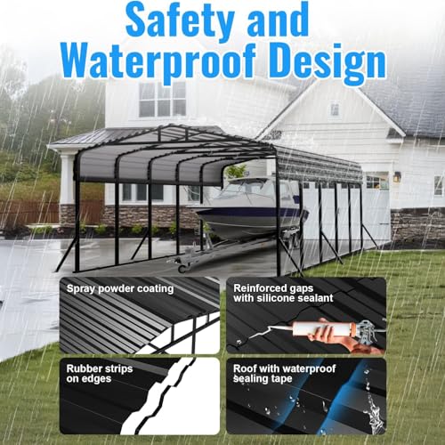 Image of 12x25FT Metal Carport, Extended Heavy Duty Carport with Reinforced Frame & Side Support Poles for All-Weather, Large Car Port for Pickup Trucks, Boats, Cars & Tractors