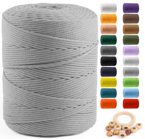 Image of ZUEXT Macrame Cord, Light Grey, 4mm x 547yds Cotton String Macrame Yarn | Natural Handmade, 4 Strands Twisted Cotton Rope, for Craft Wall Hanging Weaving Tapestry Dream Catchers Hanger DIY Gift, 500m
