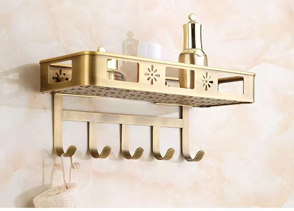 Estante de ducha de latón inoxidable montado en la pared con 5 Hoo - Nizer de baño para champú, jabón y accesorios - Organizador de ducha que ahorra espacio Sto Solut
