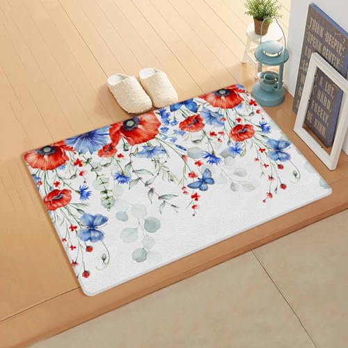 Red Blue Poppy Flowers Antifatigue Kitchen Bath Door Mat Cushioned Runner Rug,Washable Welcome Floor Sink Mat,Waterproof & Non-Slip Standing Doormat for Kitchen,4th of July Patriotic Flower 20