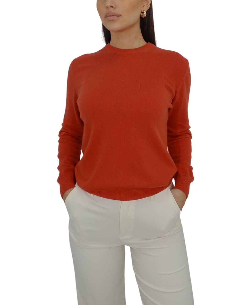 Win's Cashmere Round Neck Sweater for Women, Made in Italy, Orange (5224), XL