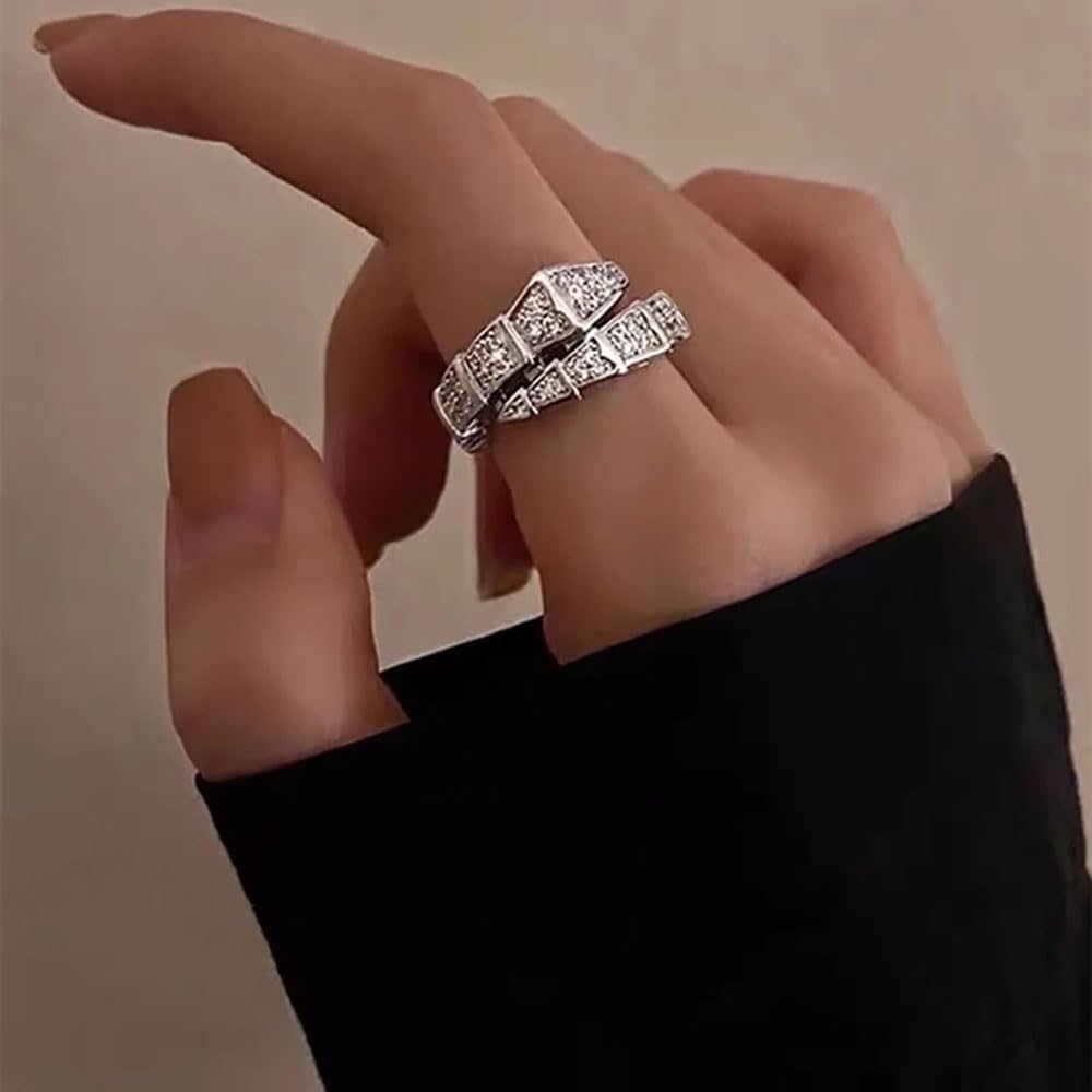 Vintage Snake Rings for Women Cubic Zirconia Spinel Diamond Open Adjustable Silver Plated Promise Statement Rings for Lady Women Birthday Anniversary Party Gold Plated