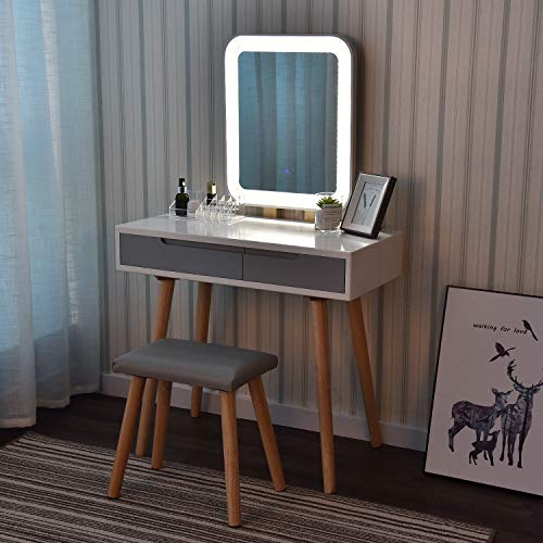 YOURLITE Tocador con espejo de luces LED - Juego de mesa de maquillaje de tocador blanco con espejo de brillo ajustable, taburete acolchado y organizador de maquillaje gratuito （Espejo rectangular）