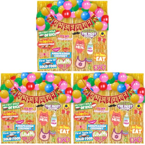 Image of WOBBOX Annaprashan Party Props with Hindi Font Red & Golden Color Font Bunting Banner & Balloon & Foil Fringe, Annaprashan Decoration Item (44 Pcs Combo) (Pack of 3)