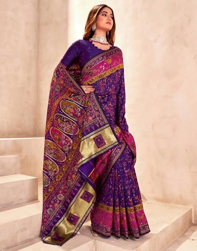 Image of SIRIL Women's Silk Kashmiri Minakari Jacquard Saree With Unstitched Blouse Piece