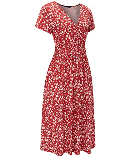 Image of OUGES Casual Summer Dress for Women Wrap V Neck A Line Midi Dresses with Pockets